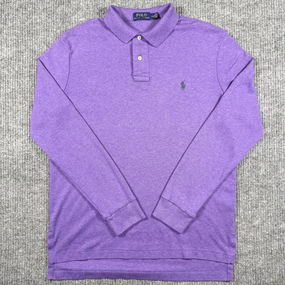 Polo Ralph Lauren Mens Large Purple Heather Long Sleeve Cotton Polo Shirt L